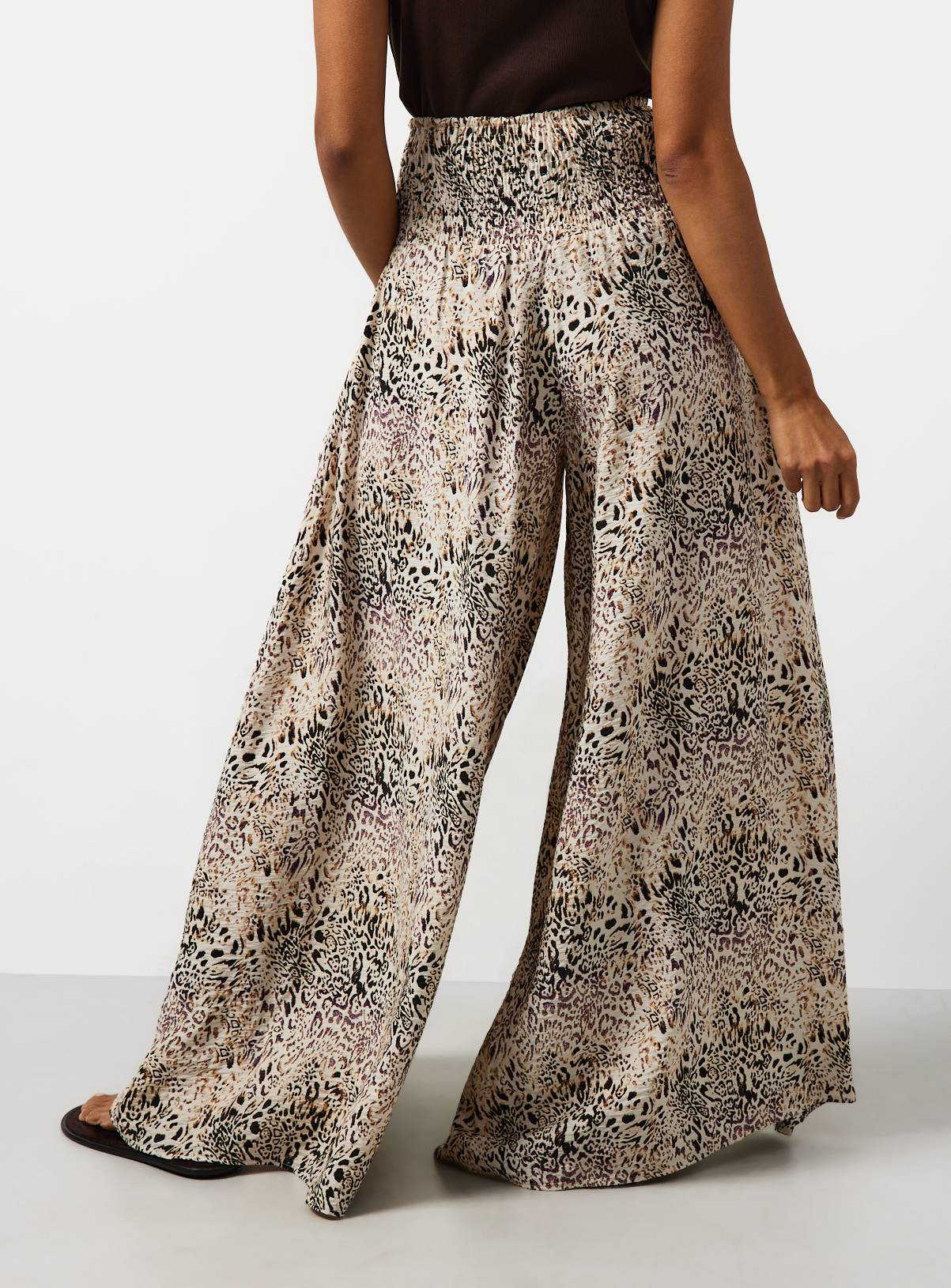 Beige Animal Print Shirred Waist Palazzo Trousers 14 - Image 4