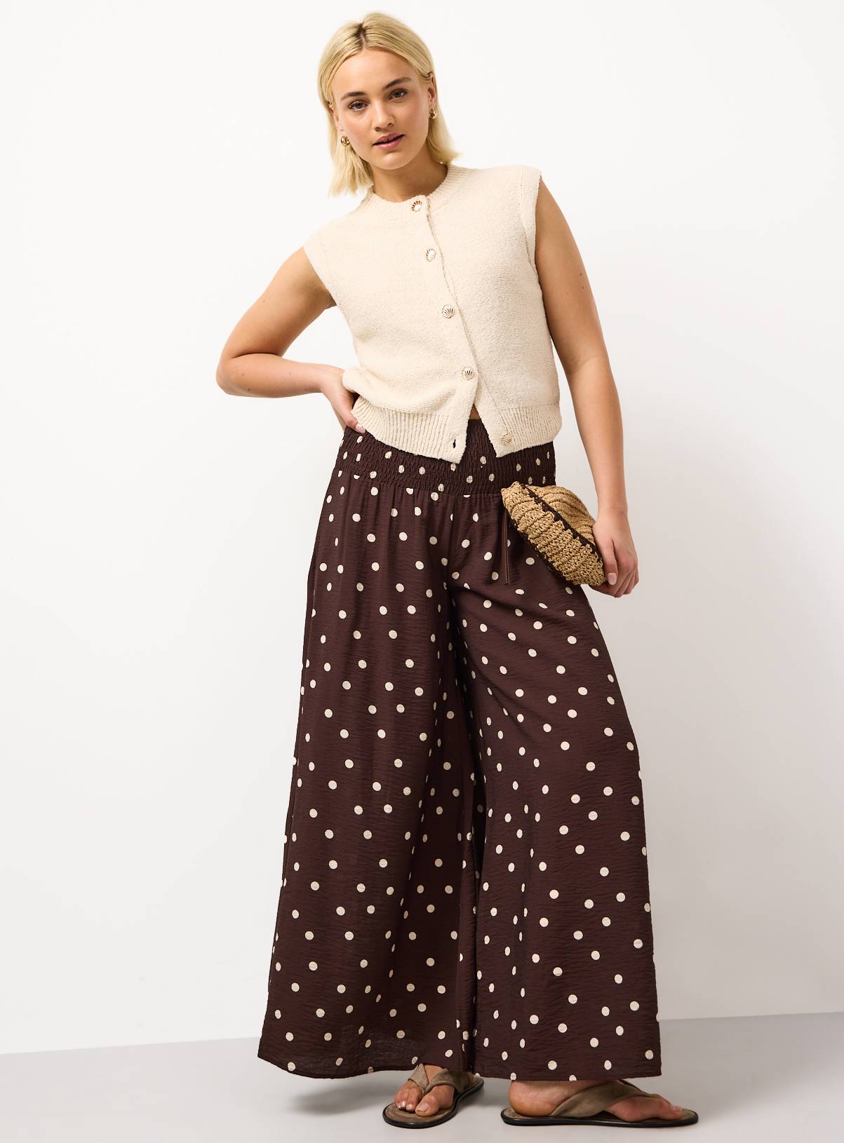 Brown Polka Dot Print Shirred Waist Palazzo Trousers 20 - Image 2