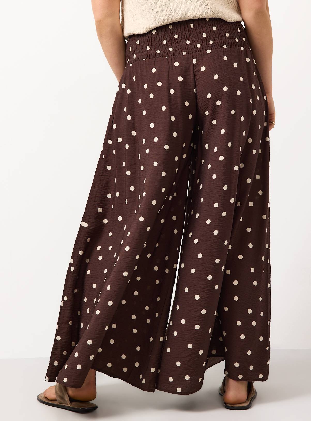 Brown Polka Dot Print Shirred Waist Palazzo Trousers 20 - Image 4
