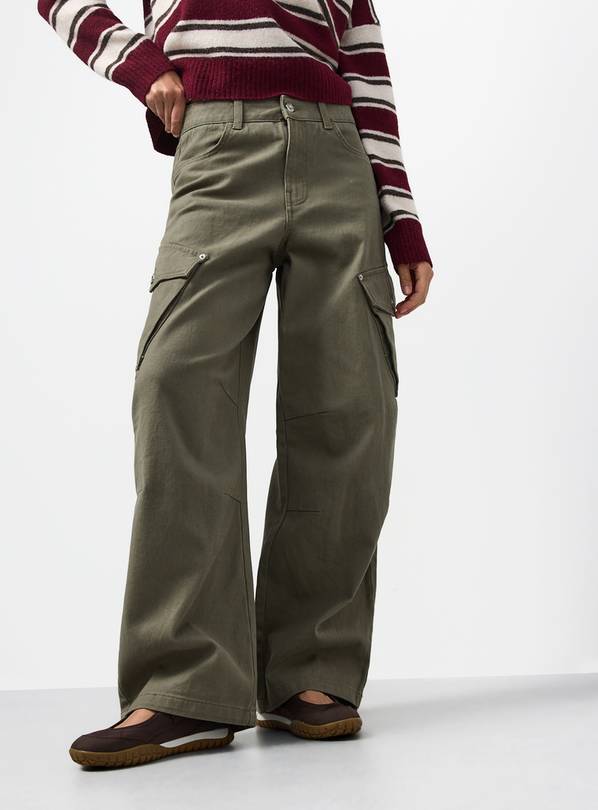 Khaki Cargo Pocket Relaxed Barrel Jeans 14L