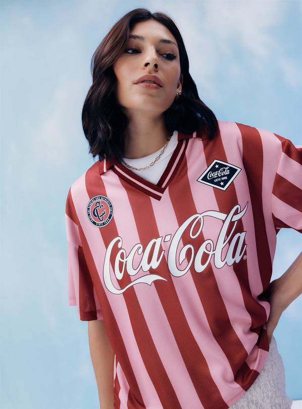 Pink Stripe Coca Cola Graphic Football T-Shirt L