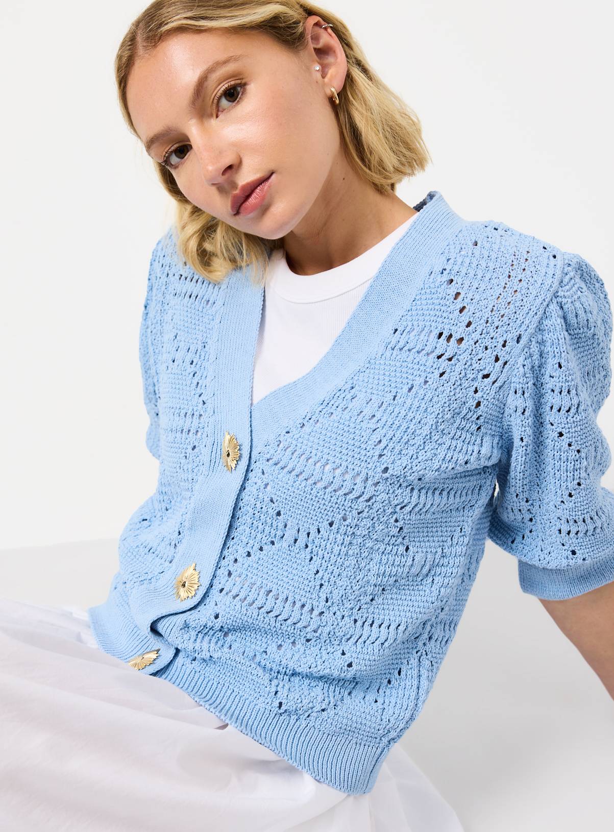 Blue Crochet Style Volume Sleeve Cropped Cardigan 20 - Image 1