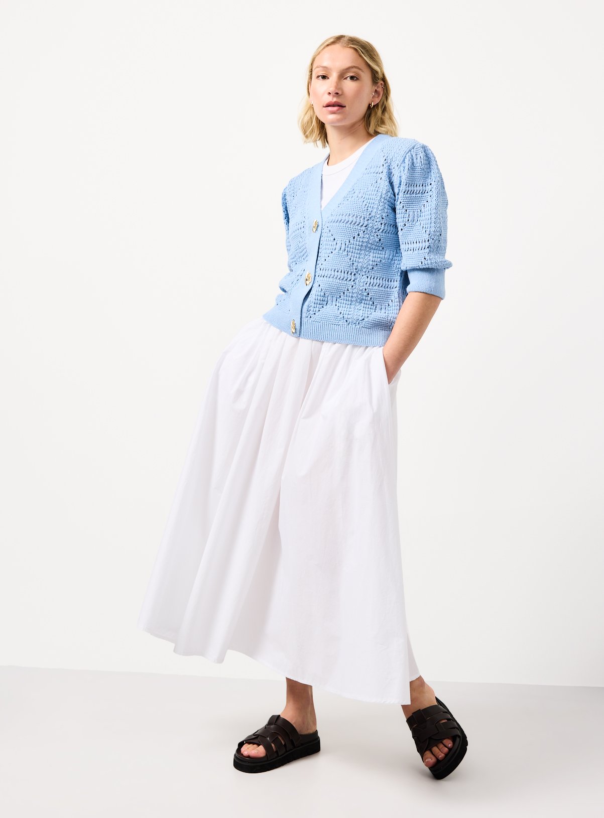 Blue Crochet Style Volume Sleeve Cropped Cardigan 20 - Image 2 thumbnail