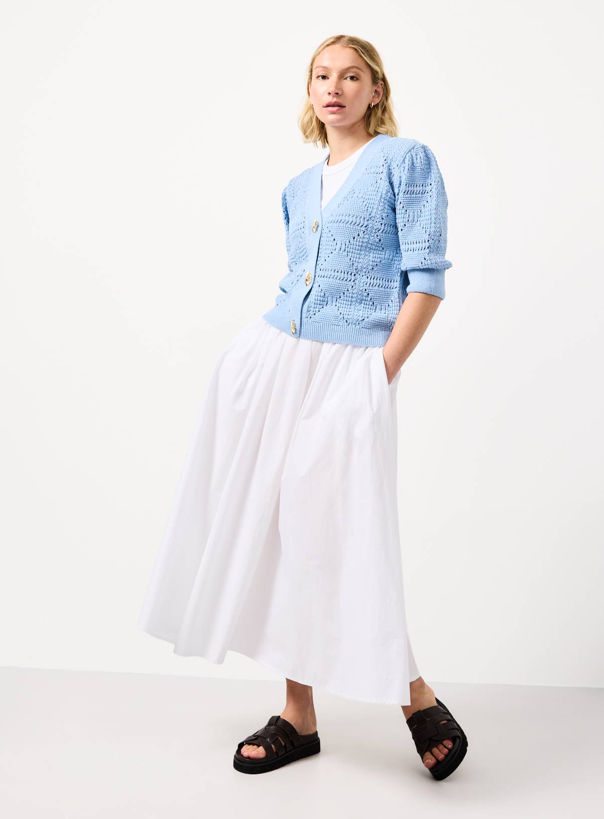 Blue Crochet Style Volume Sleeve Cropped Cardigan 20 - Image 2