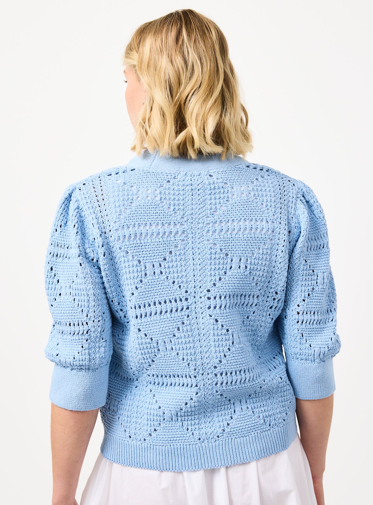 Blue Crochet Style Volume Sleeve Cropped Cardigan 20 - Image 4 thumbnail