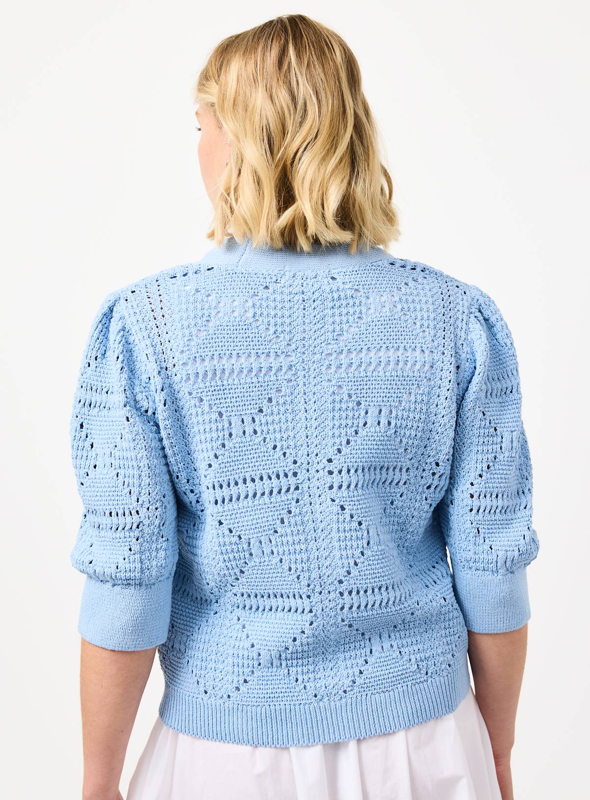 Blue Crochet Style Volume Sleeve Cropped Cardigan 20 - Image 4