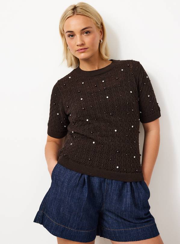 Brown Embellished Stitch Detail Knitted T-Shirt 12