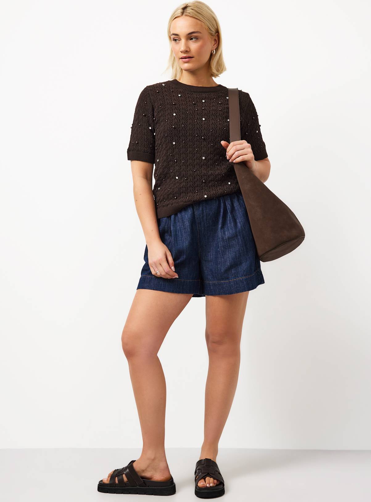 Brown Embellished Stitch Detail Knitted T-Shirt 16 - Image 2