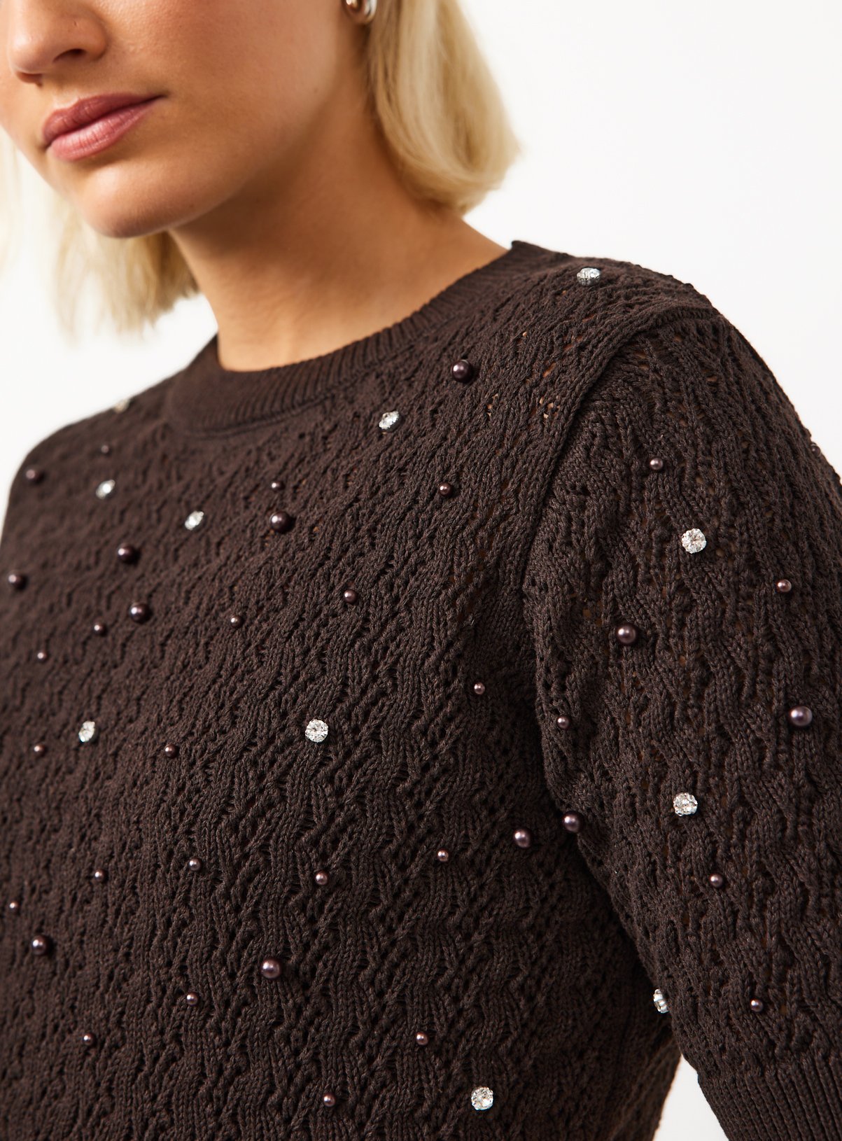 Brown Embellished Stitch Detail Knitted T-Shirt 16 - Image 3 thumbnail