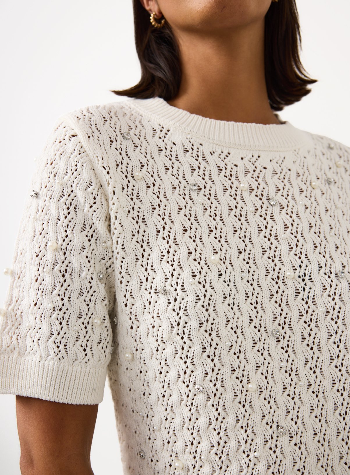 トップス mm5RUMCHE Knit Bonding Shirt / white Buy White Embellished Stitch Detail Knitted T-Shirt 10 | Cardigans