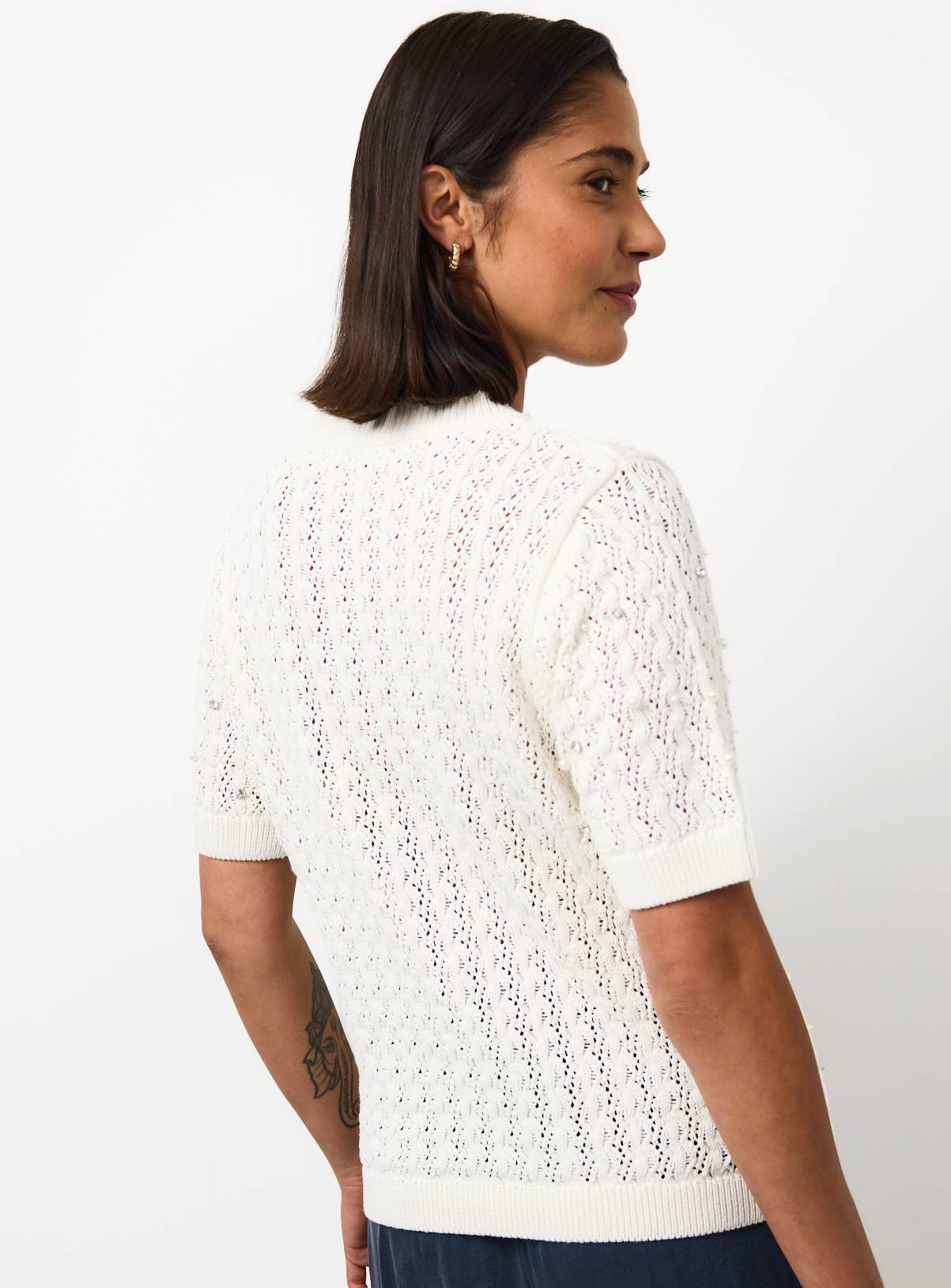 White Embellished Stitch Detail Knitted T-Shirt 14 - Image 4
