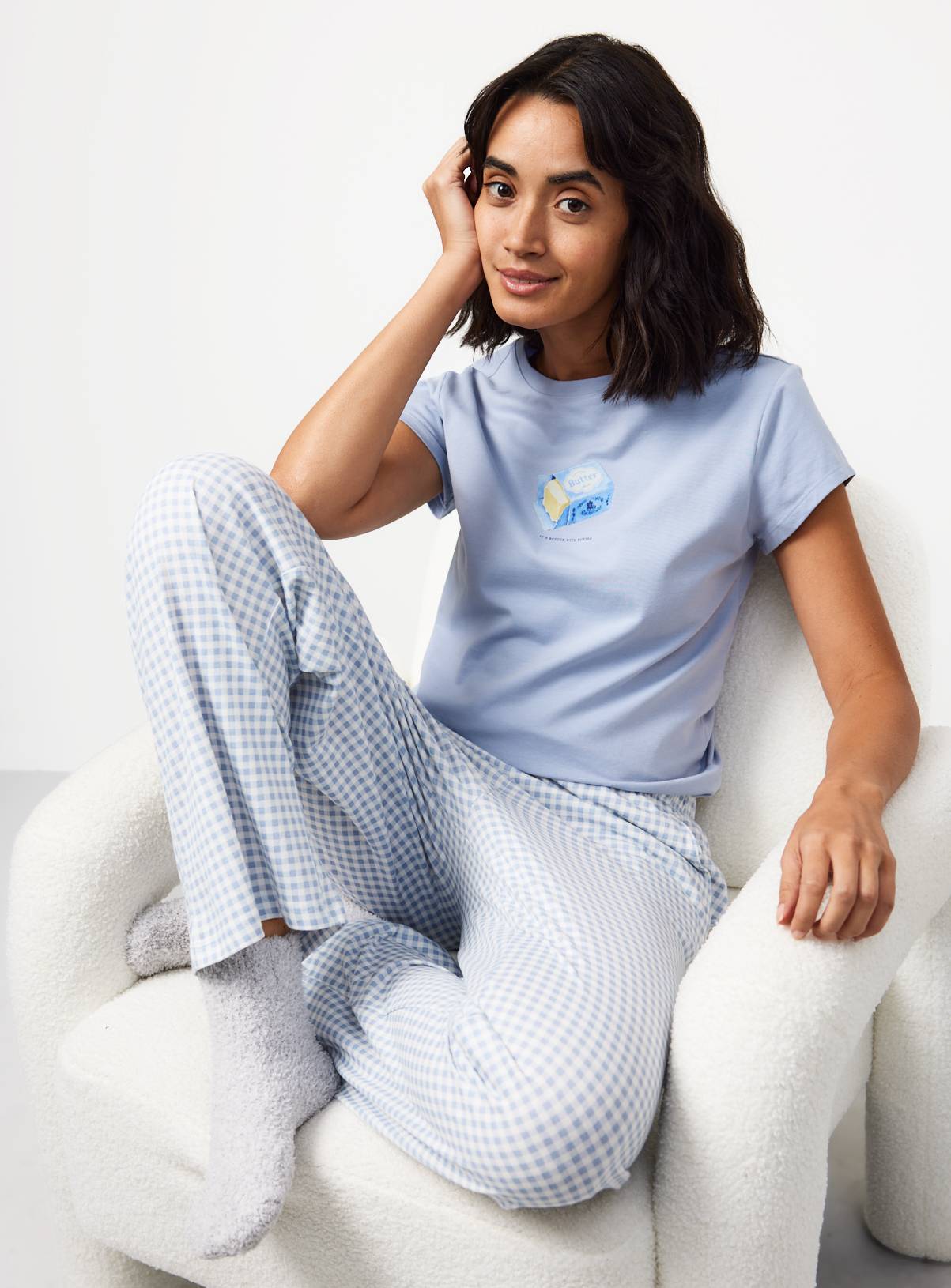 Butter Logo Baby Tee & Gingham Pyjama Bottoms S - Image 1
