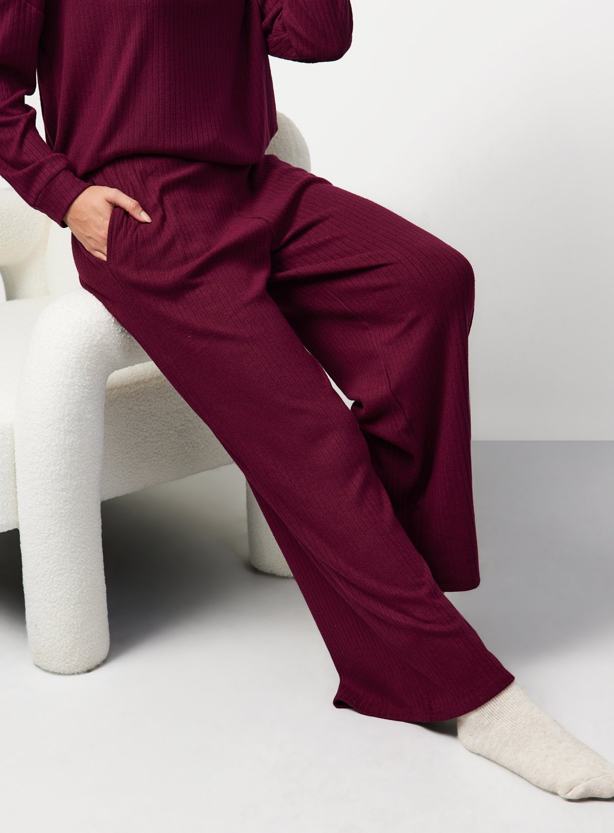 Burgundy Ribbed Wide Leg Co-ord  Pyjama Bottoms XL - Image 2 thumbnail