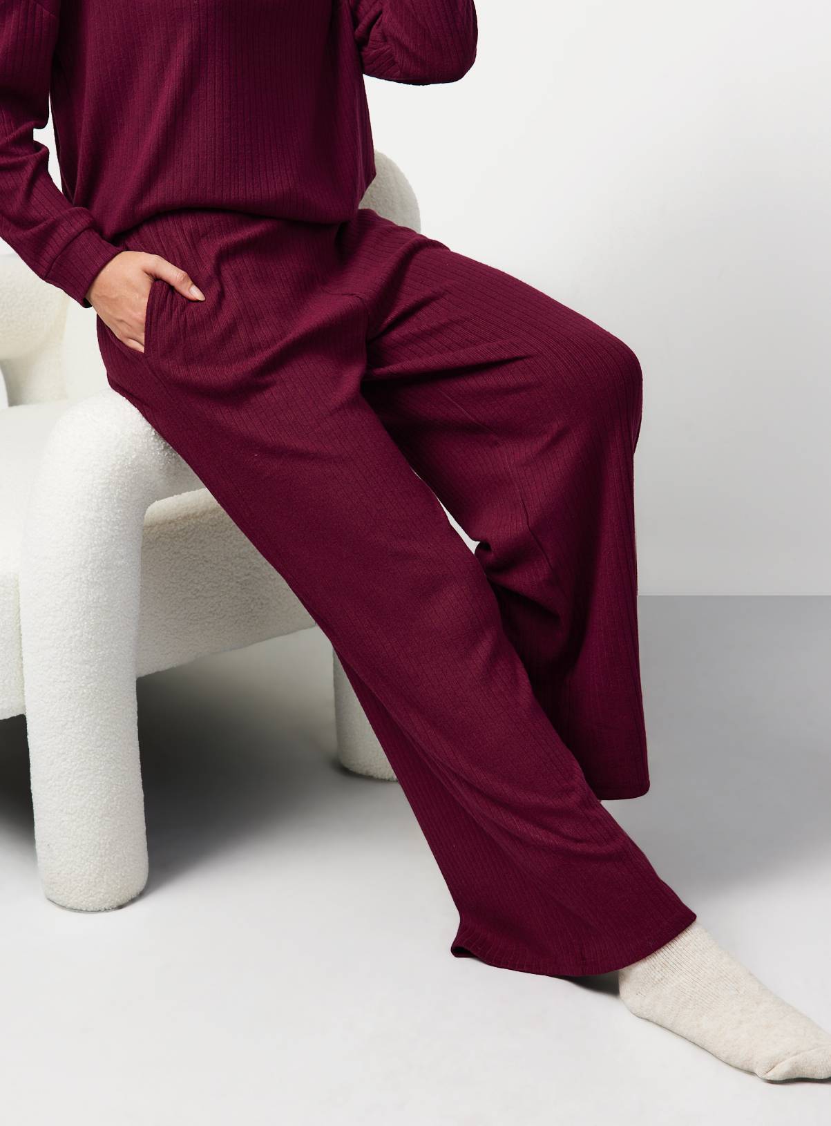 Burgundy Ribbed Wide Leg Co-ord  Pyjama Bottoms XL - Image 2