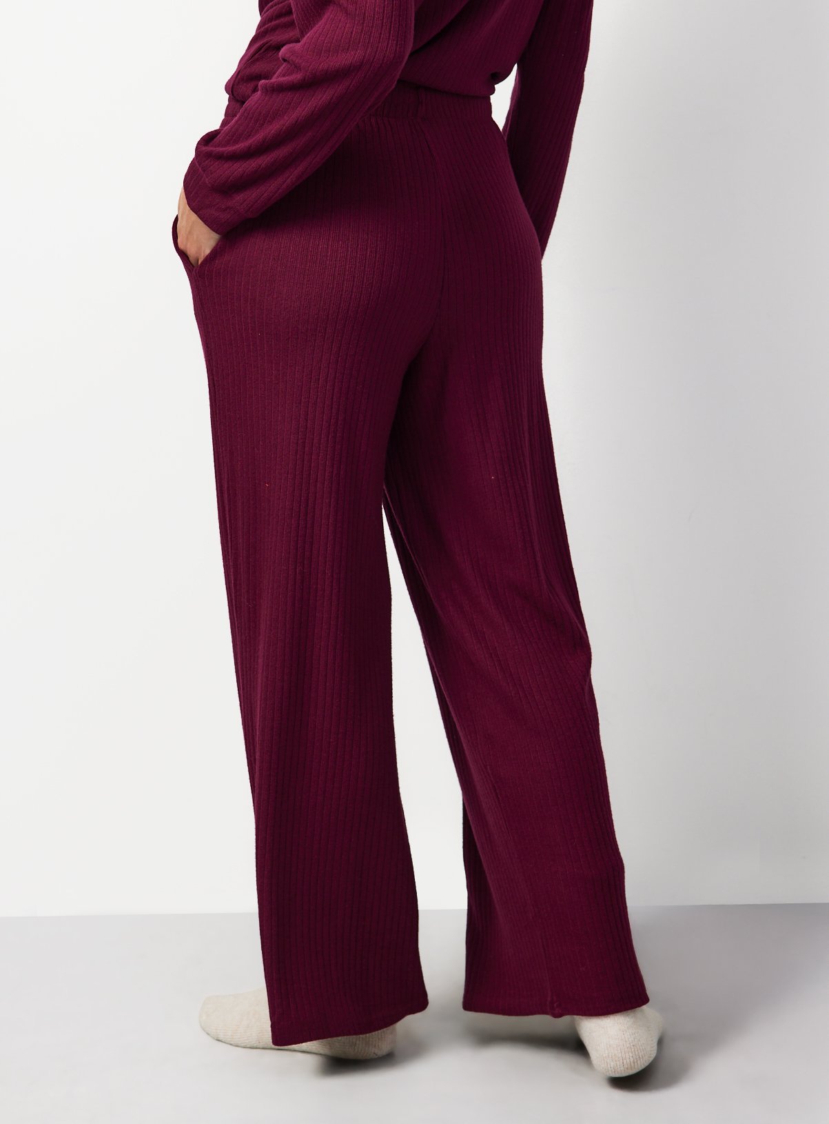 Burgundy Ribbed Wide Leg Co-ord  Pyjama Bottoms XL - Image 4 thumbnail