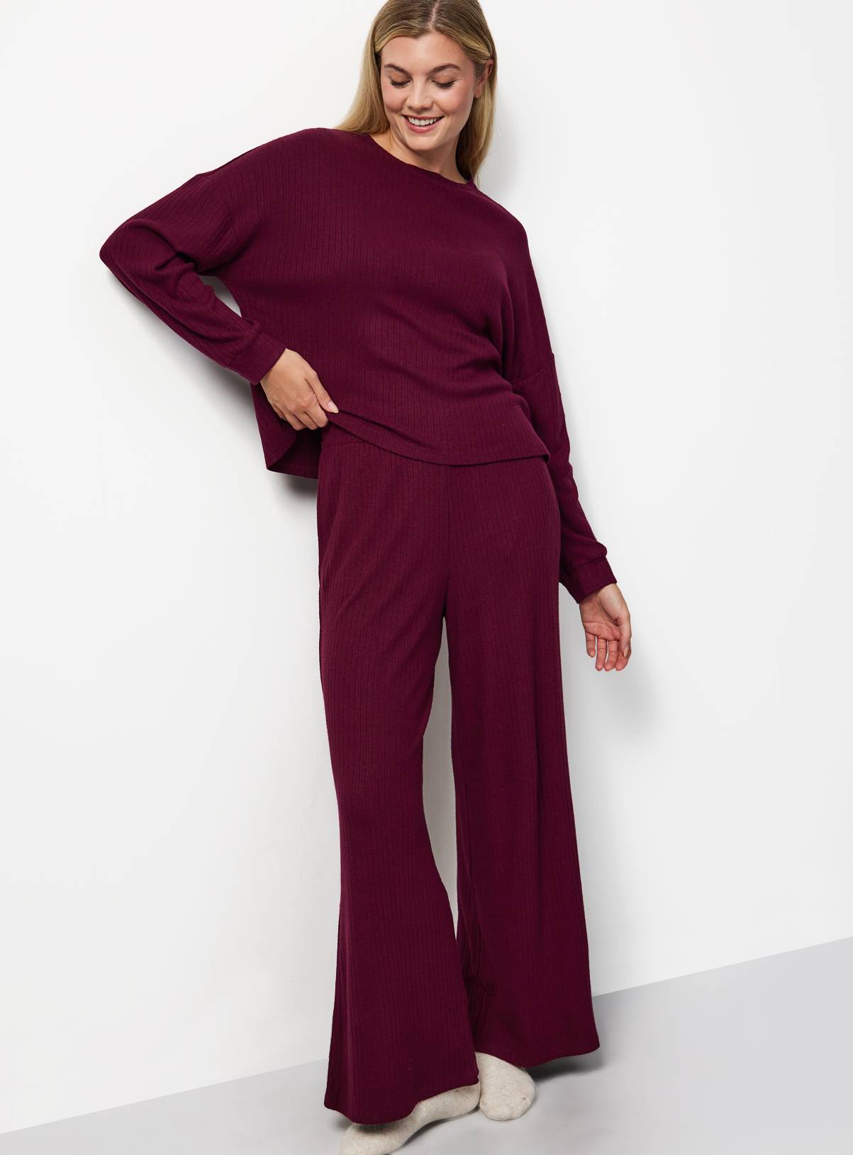 Burgundy Ribbed Wide Leg Co-ord  Pyjama Bottoms L - Image 1