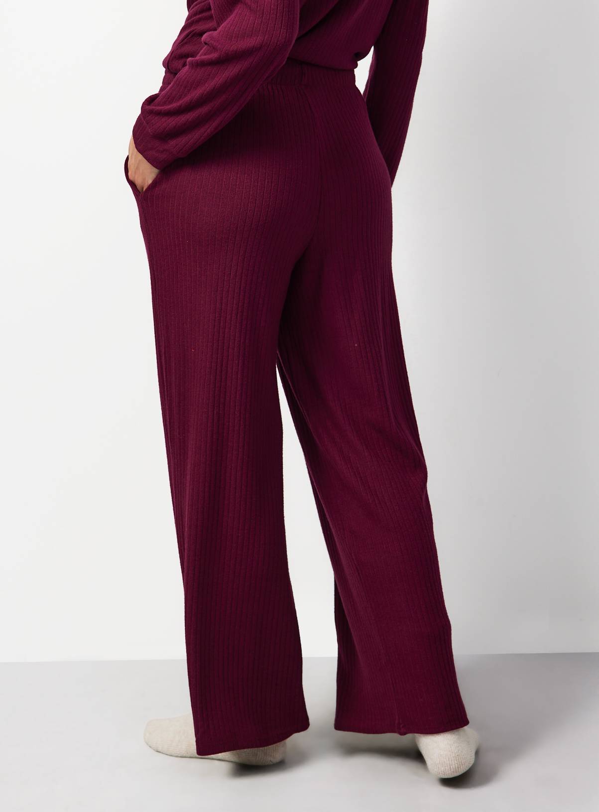 Burgundy Ribbed Wide Leg Co-ord  Pyjama Bottoms L - Image 4