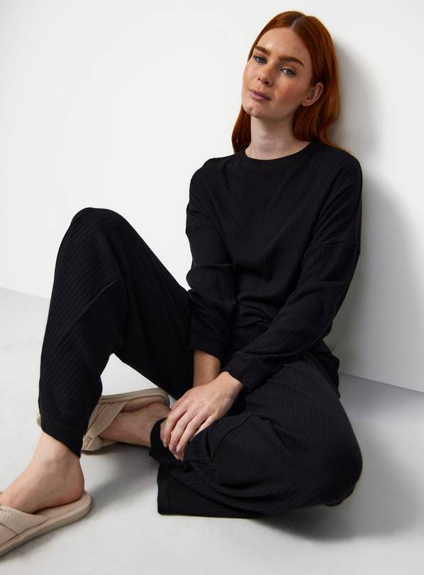 Black Ribbed Wide Leg Pyjama Co-ord Bottoms XL