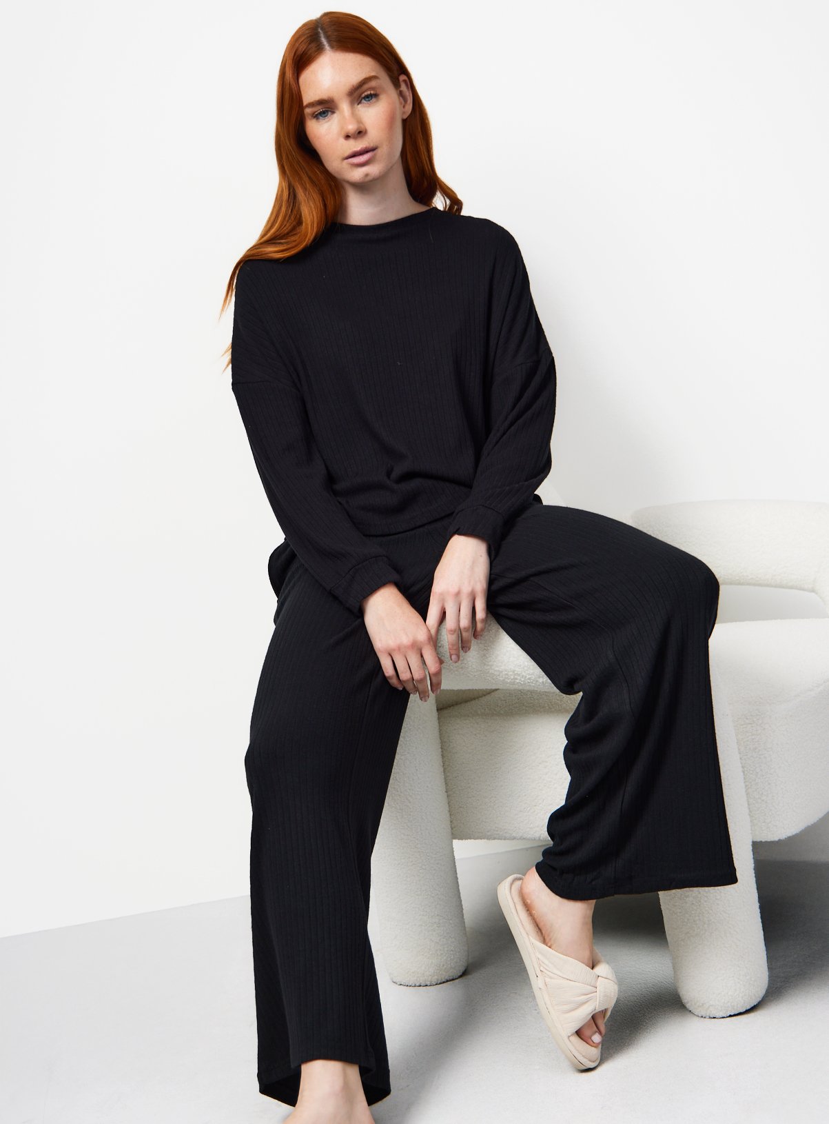 Black Ribbed Wide Leg Pyjama Co-ord Bottoms L - Image 2 thumbnail