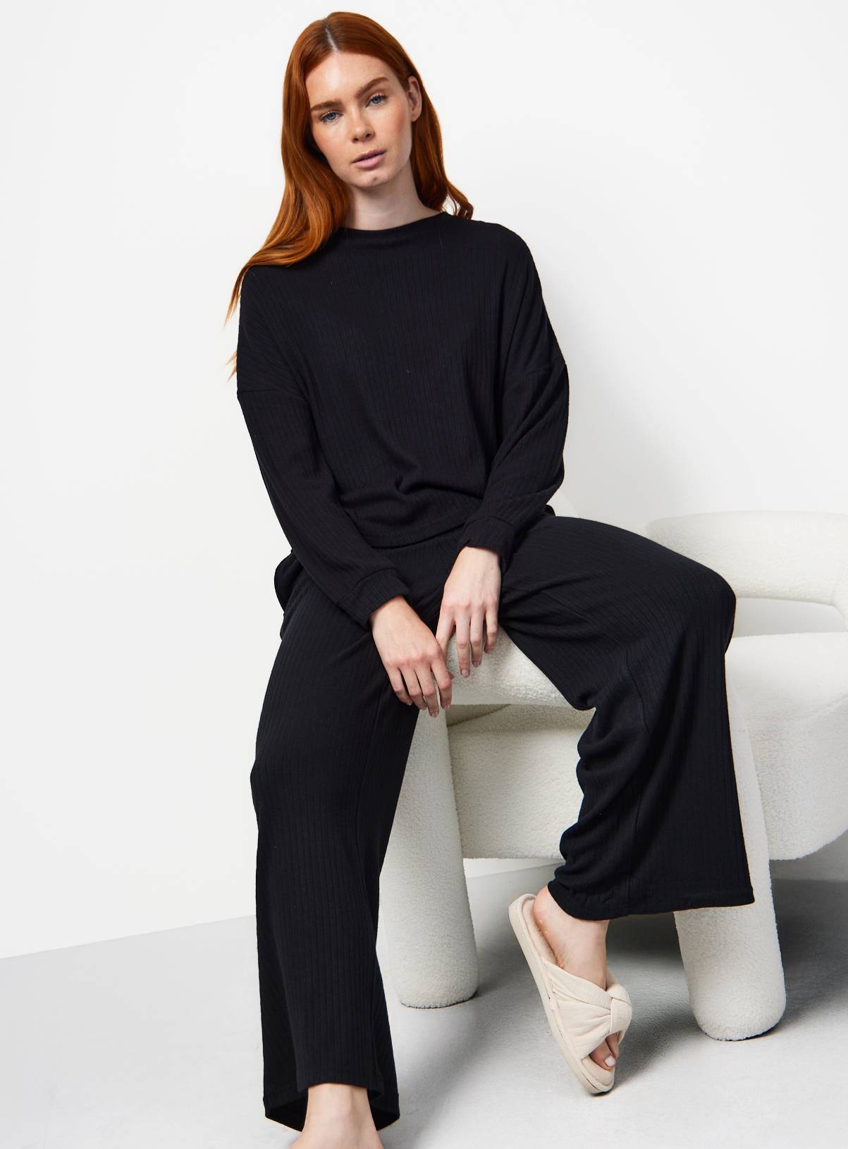 Black Ribbed Wide Leg Pyjama Co-ord Bottoms L - Image 2