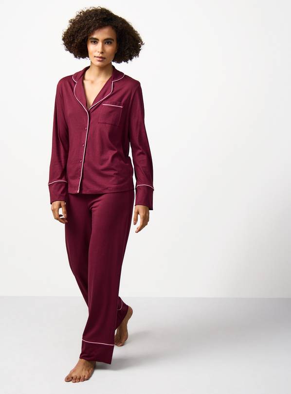 Burgundy Pink Piping Detail Traditional Pyjamas XS
