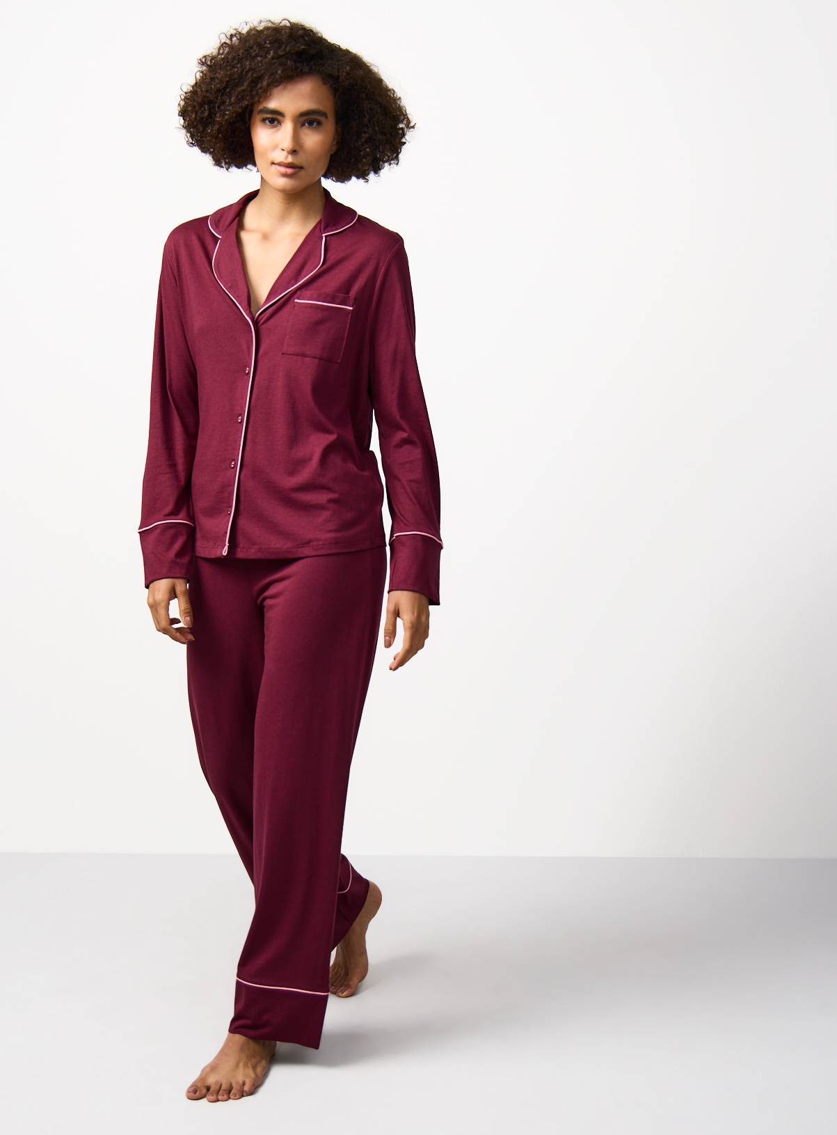 Burgundy Pink Piping Detail Traditional Pyjamas XS - Image 1