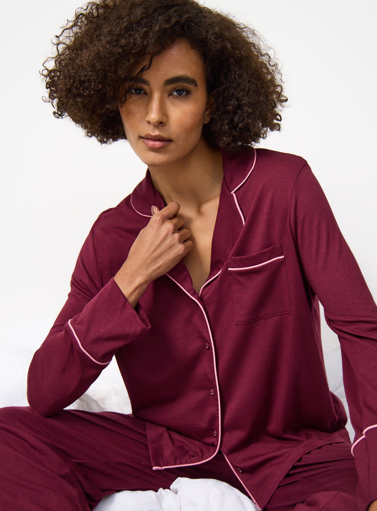 Burgundy Pink Piping Detail Traditional Pyjamas XS - Image 2 thumbnail