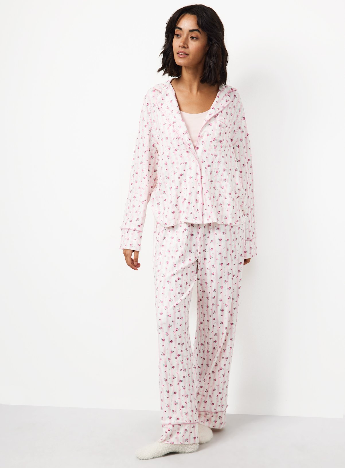 Cream Floral Stripe Pointelle Traditional Pyjamas L - Image 2 thumbnail