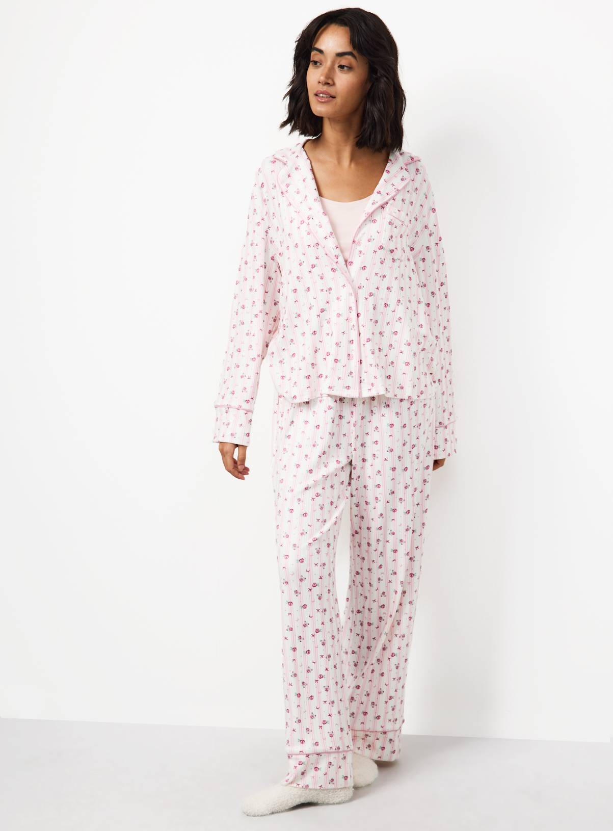 Cream Floral Stripe Pointelle Traditional Pyjamas L - Image 2