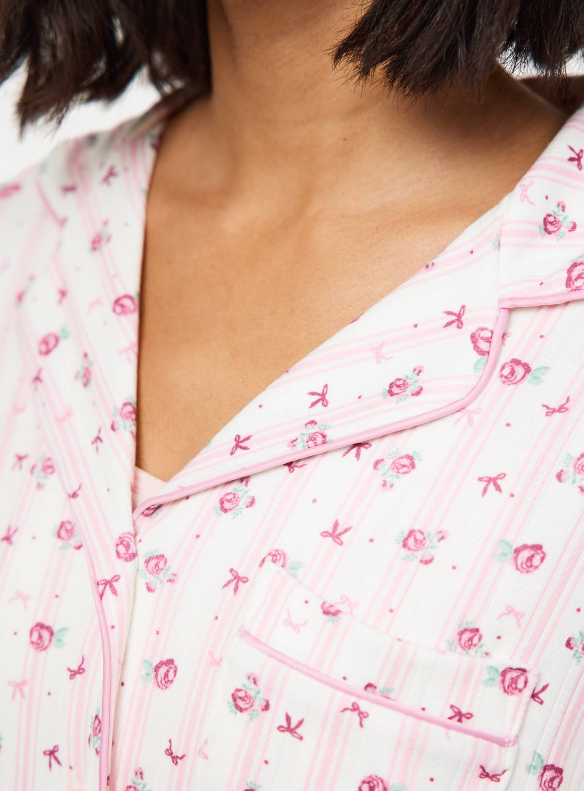 Cream Floral Stripe Pointelle Traditional Pyjamas L - Image 3