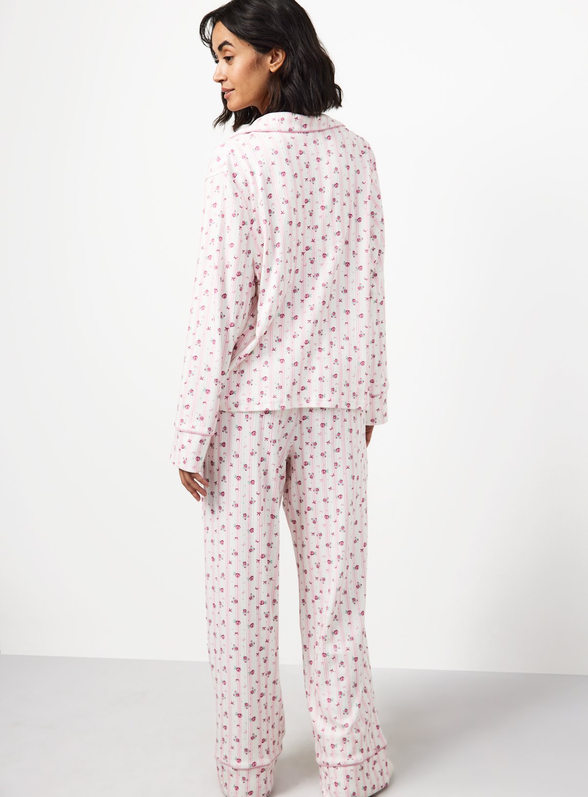 Cream Floral Stripe Pointelle Traditional Pyjamas L - Image 4 thumbnail