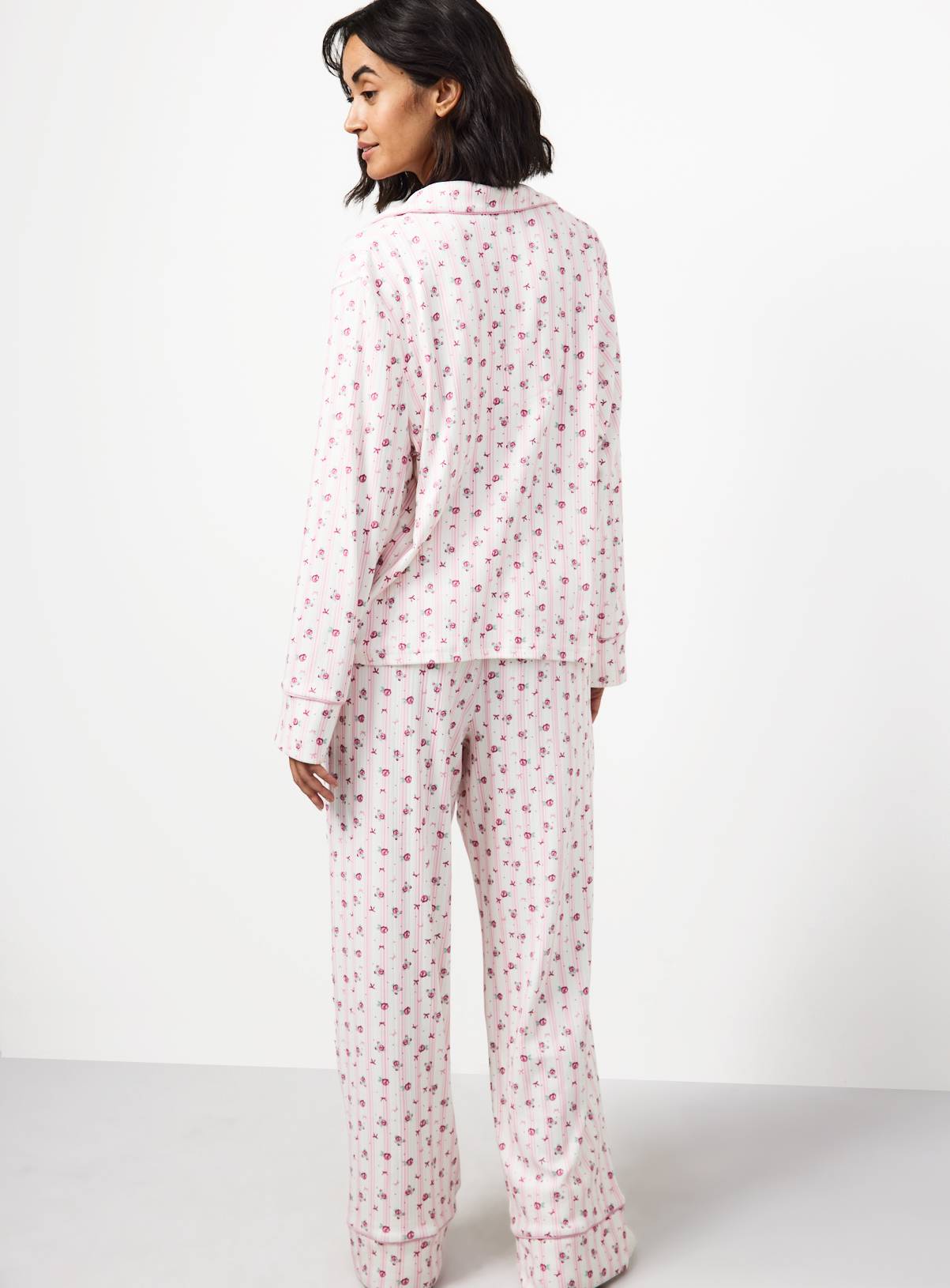 Cream Floral Stripe Pointelle Traditional Pyjamas L - Image 4
