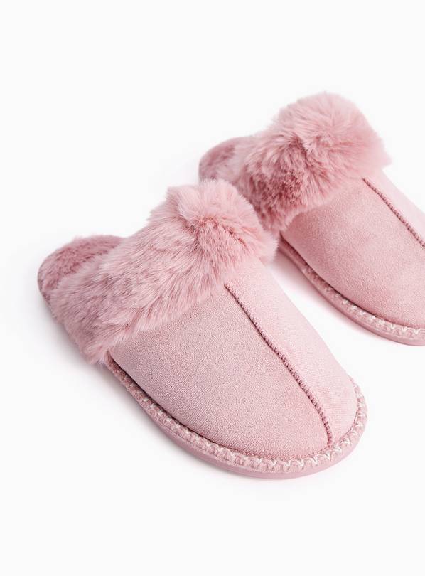 Pink Faux Fur Trim Mule Slippers L
