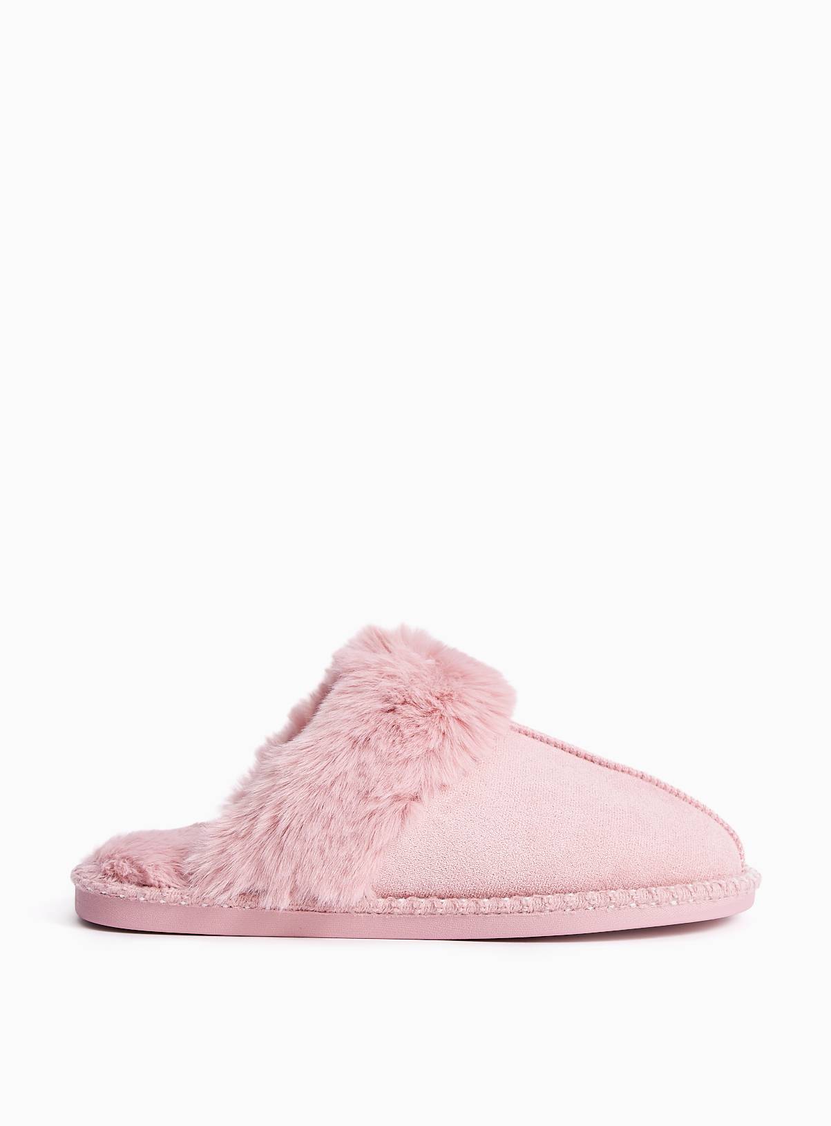 Pink Faux Fur Trim Mule Slippers L - Image 2