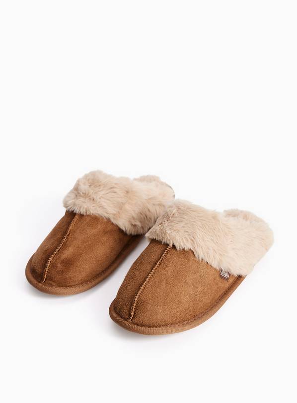 Tan Suede Fur Trim Mule Slippers S