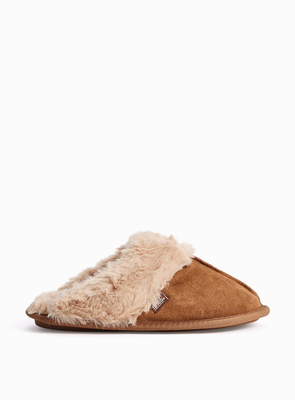 Tan Suede Fur Trim Mule Slippers M - Image 2
