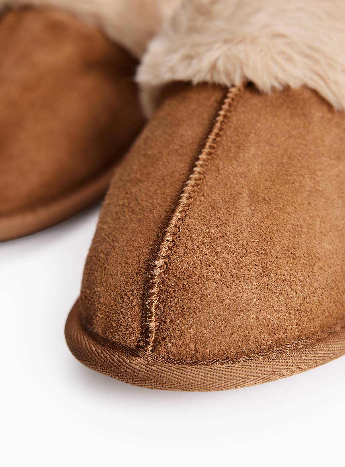 Tan Suede Fur Trim Mule Slippers M - Image 3