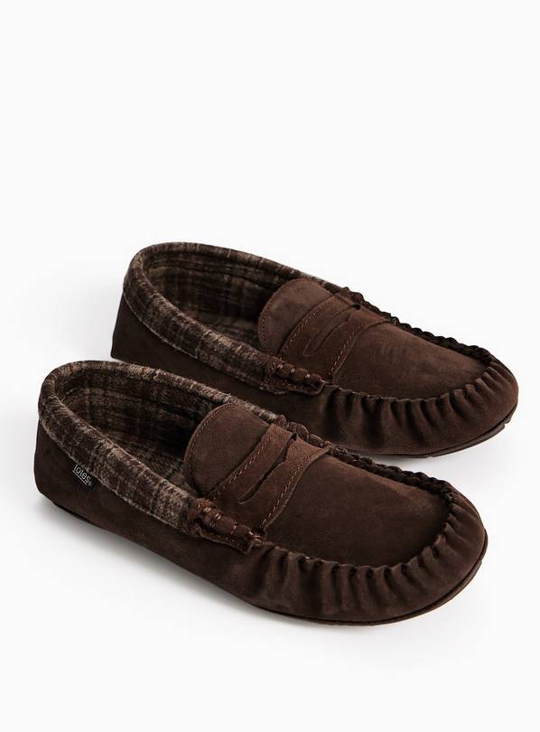 Brown Check Trim Suede Moccasin Slippers 10