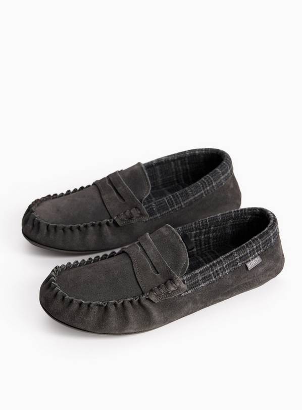 Charcoal Check Trim Moccasin Slippers 7