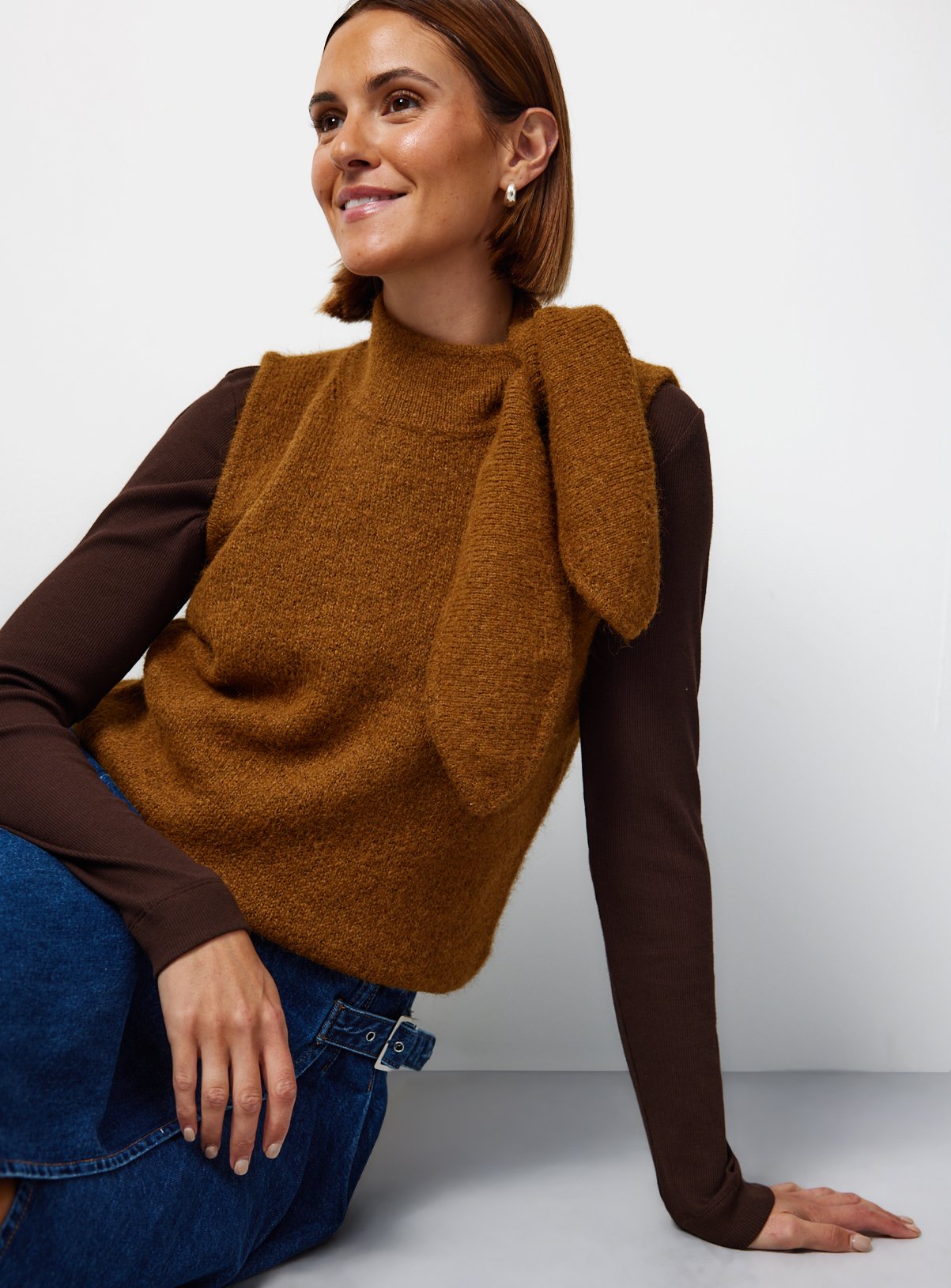 Tan Scarf Vest Knit Top 18 - Image 5 thumbnail