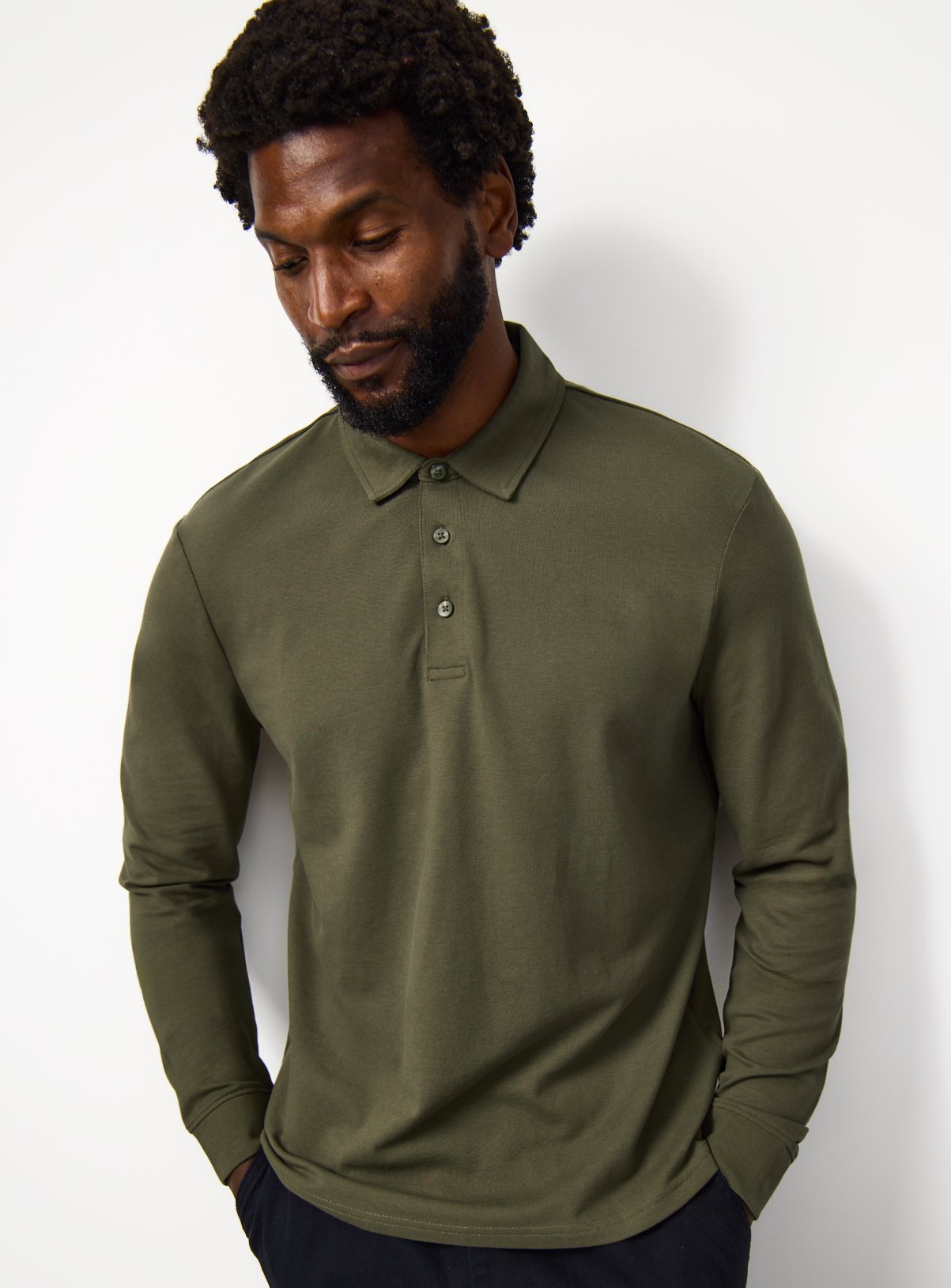 Khaki Pique Long Sleeve Polo Shirt S - Image 1 thumbnail