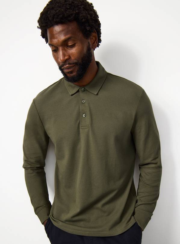 Khaki Pique Long Sleeve Polo Shirt XXXL