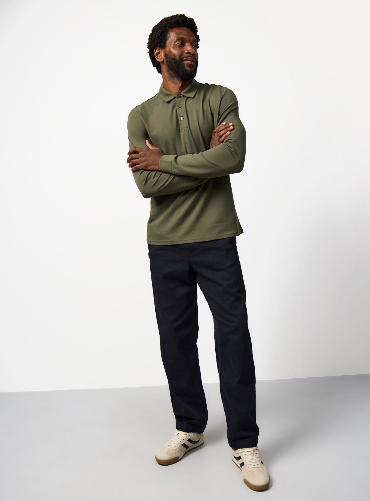 Khaki Pique Long Sleeve Polo Shirt S - Image 2 thumbnail