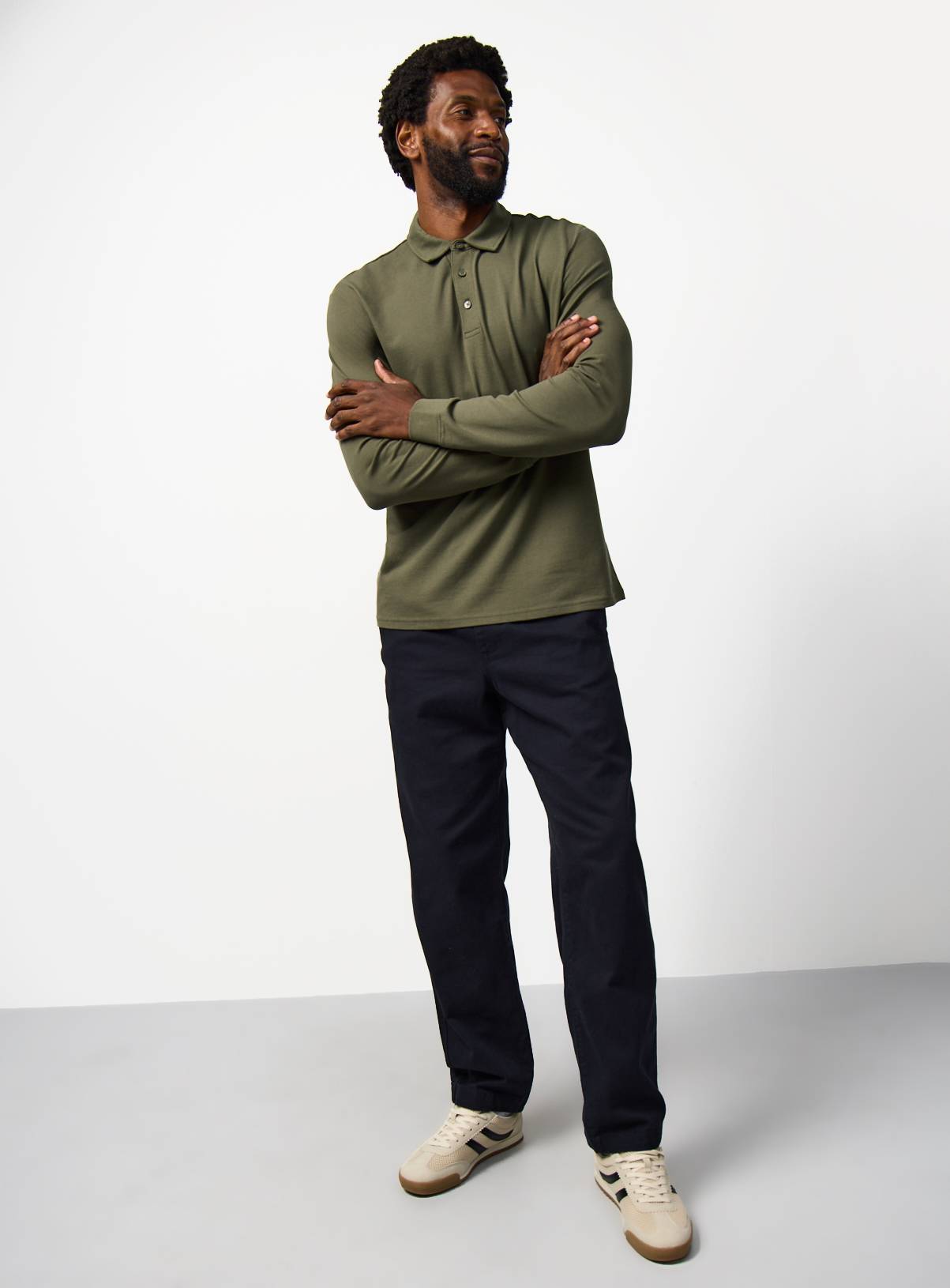 Khaki Pique Long Sleeve Polo Shirt S - Image 2