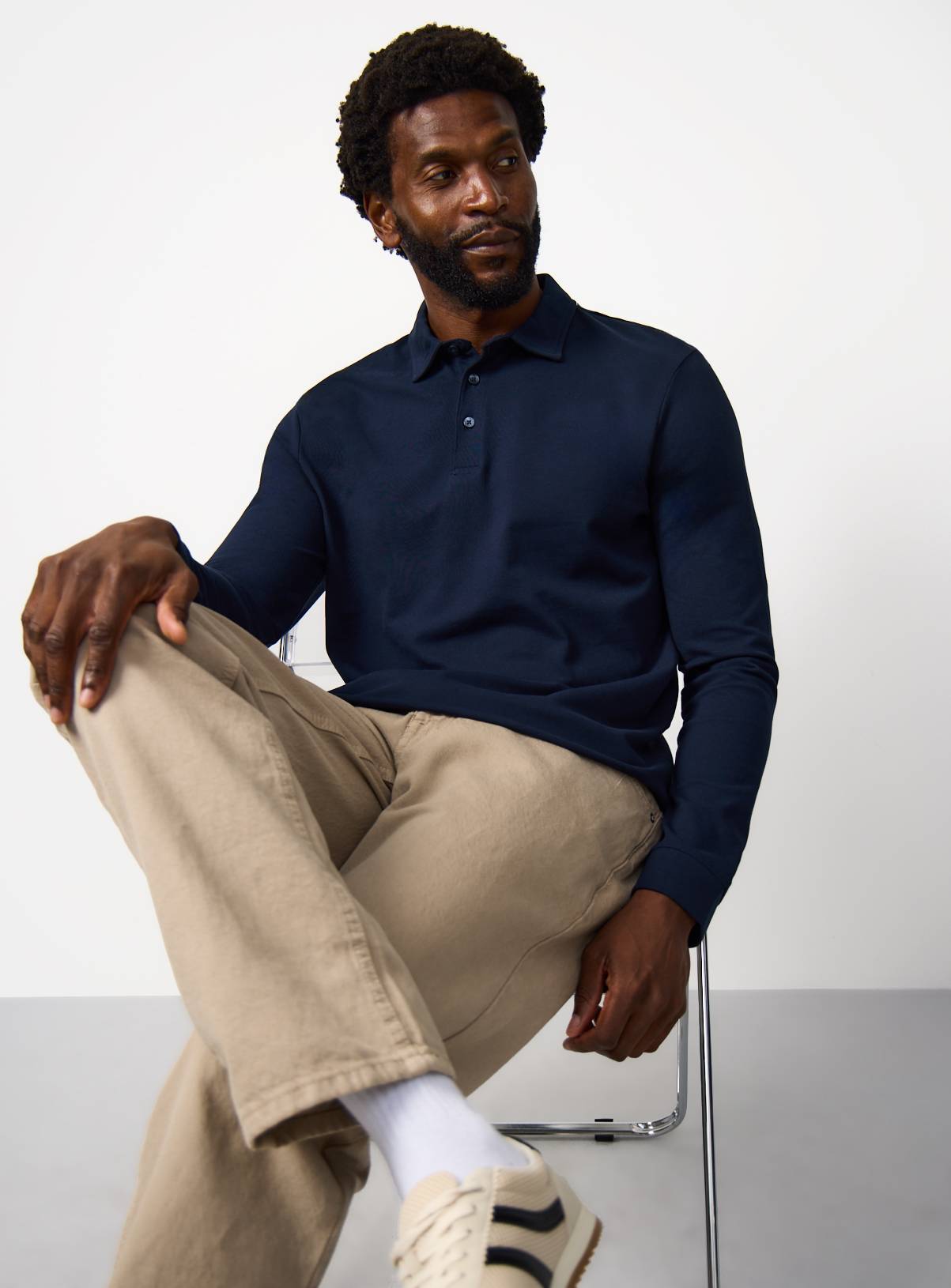 Navy Pique Long Sleeve Polo Shirt XL - Image 2