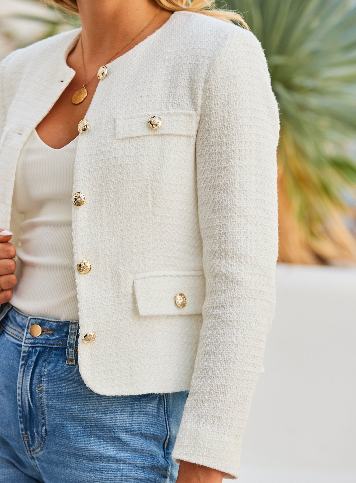 SOSANDAR White Boucle Collarless Jacket With Gold Button Detail 6 - Image 5 thumbnail