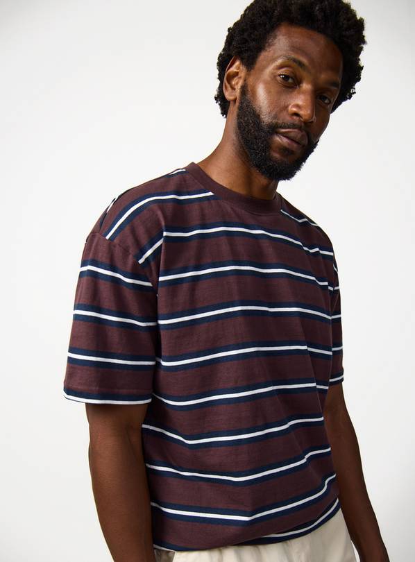 Brown Stripe Print Relaxed Fit T-Shirt S