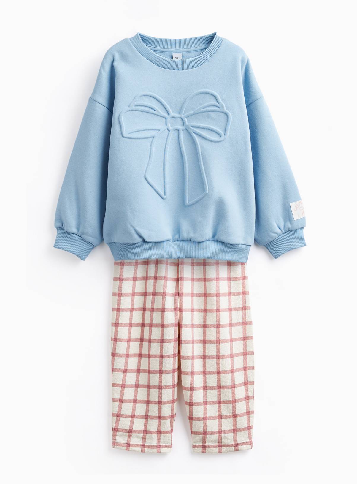 Blue Embossed Bow Sweatshirt & Check Trousers Set 7-8 years - Image 1