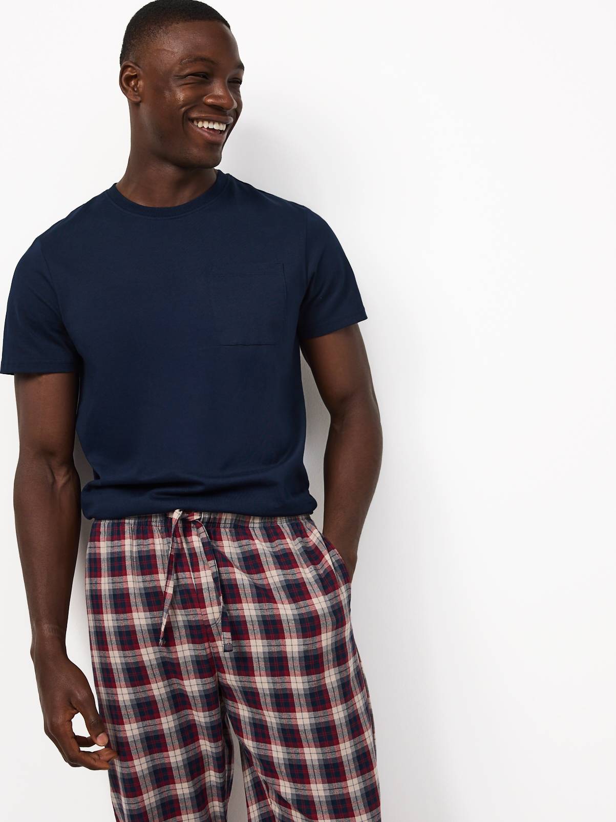 Navy Top & Check Pattern Bottoms Pyjama 2-Piece Set M - Image 1