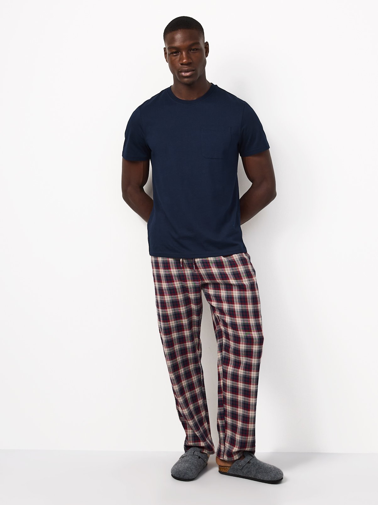 Navy Top & Check Pattern Bottoms Pyjama 2-Piece Set M - Image 2 thumbnail